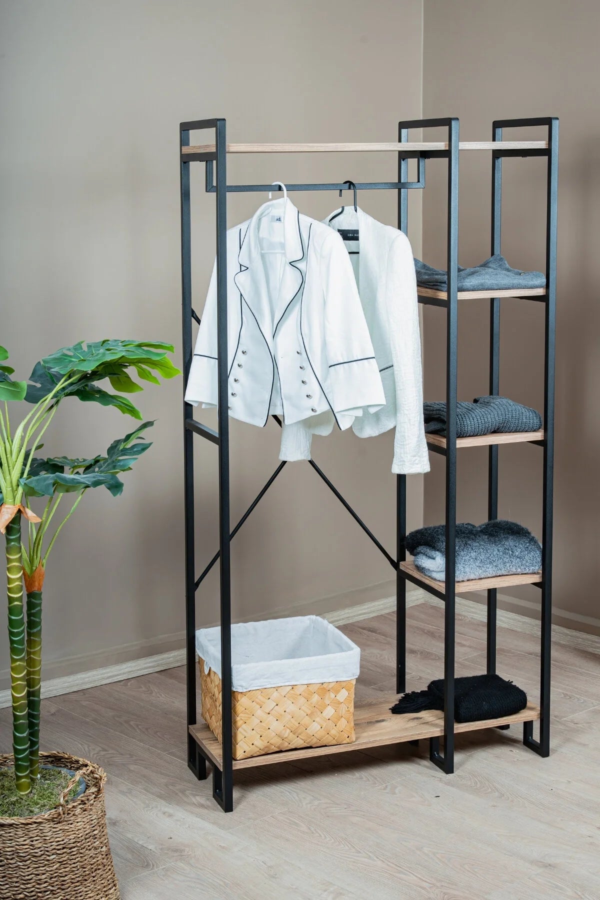 Çok Amaçlı Ayaklı Askılık, 5 Raflı Geniş Kapasiteli Elbise Dolabı, Modern Portmanto ve Kitaplık