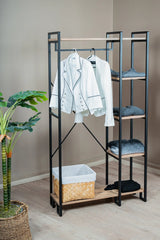 Çok Amaçlı Ayaklı Askılık, 5 Raflı Geniş Kapasiteli Elbise Dolabı, Modern Portmanto ve Kitaplık