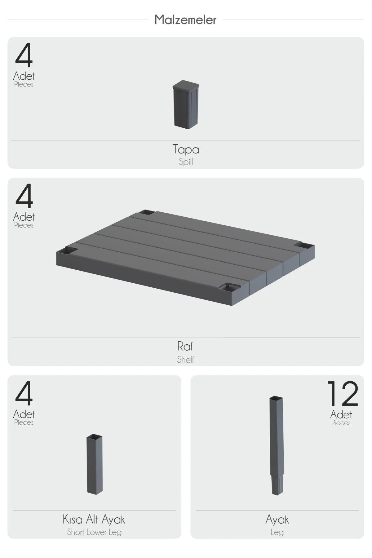 Çok Amaçlı 4 Katlı Antrasit Raf, Banyo Rafı, Mutfak Rafı, Saksılık