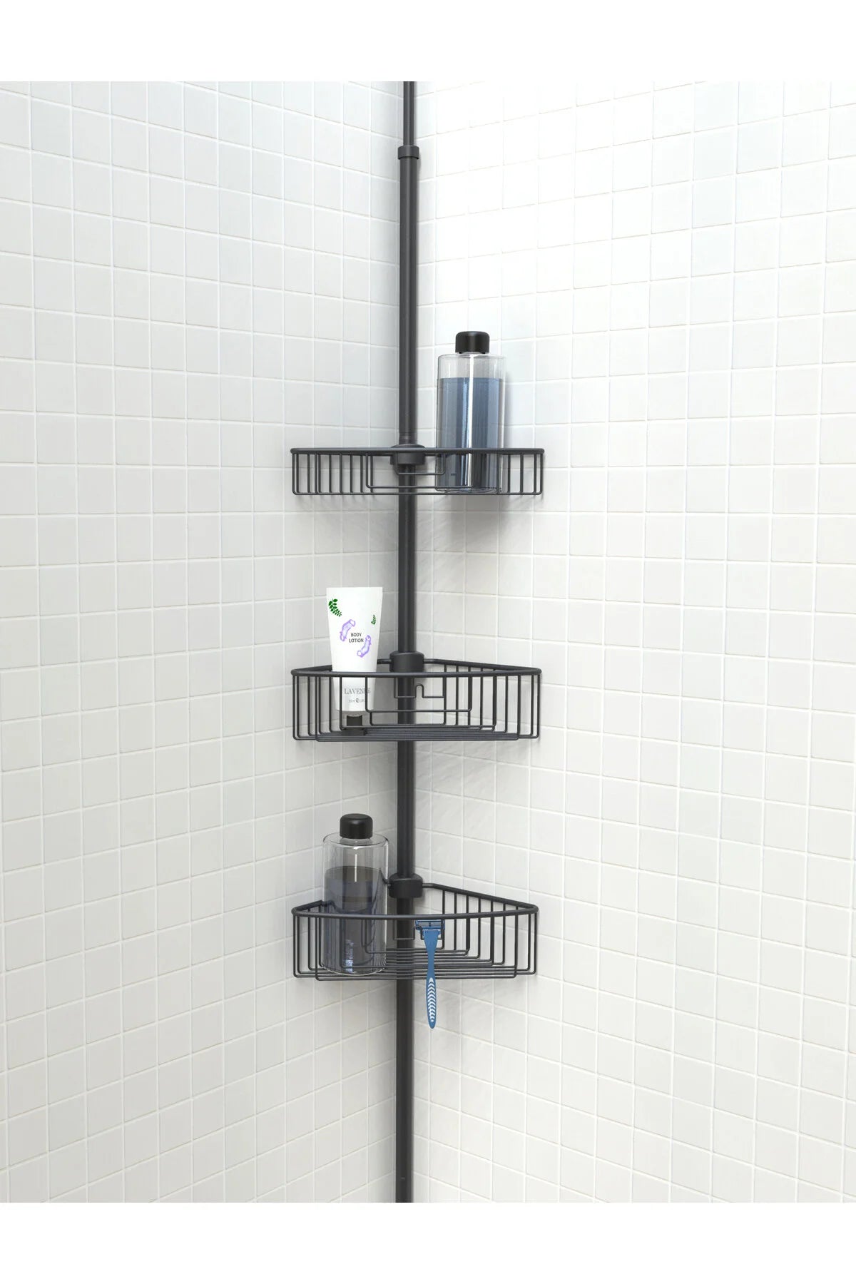 Paslanmaz Aluminyum 4 Raflı Yaylı Banyo Köşe rafı Siyah