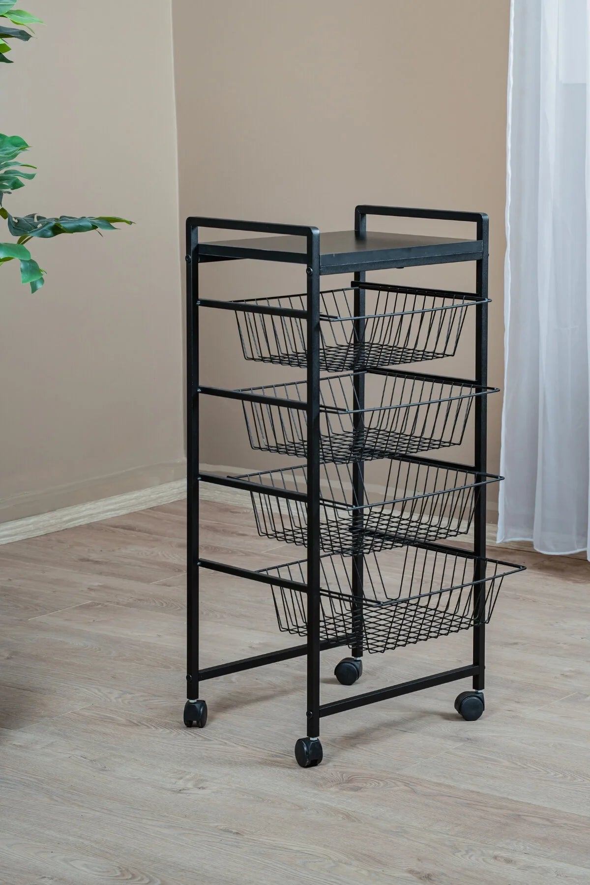 Metal Gövdeli 4 Sepetli Tekerlekli Mutfak Rafı, Patates Soğan Sebzeliği, Siyah Organizer Stand