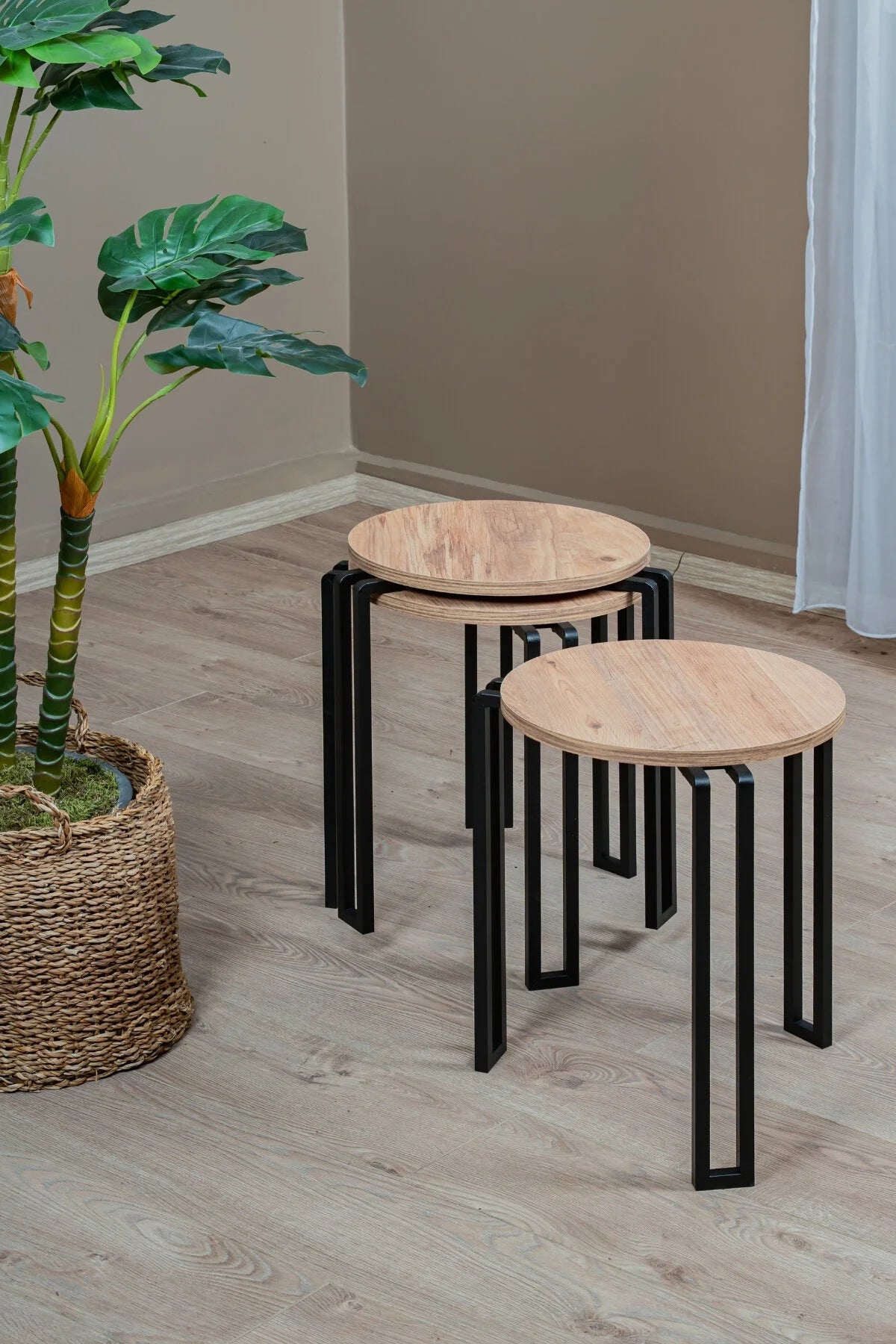 3'lü Zigon Sehpa Takımı, Modern Metal Ayaklı Yuvarlak Yan Sehpa, Ahşap Tablalı Orta Sehpa