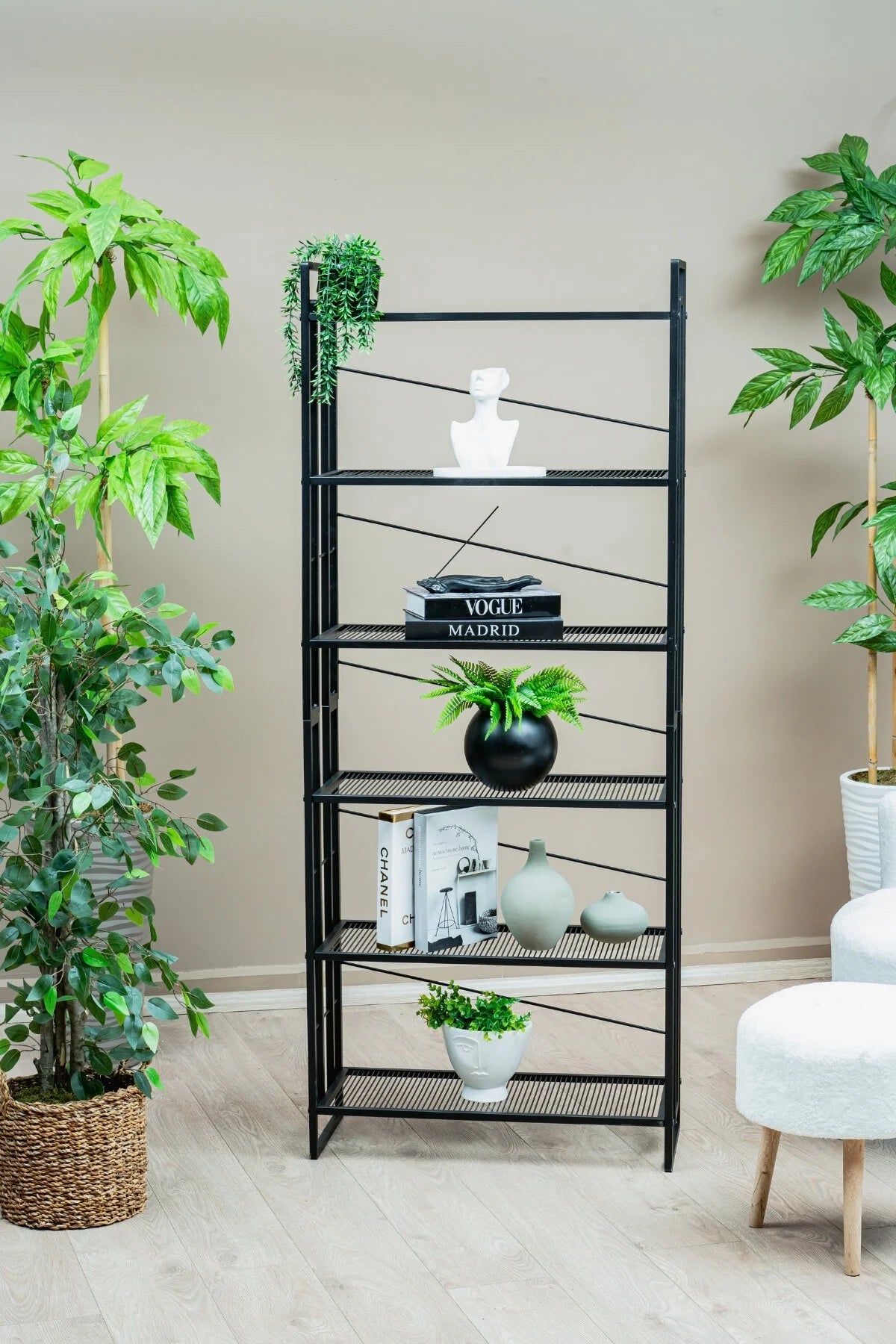 6 Raflı Metal Kitaplık, Modern Dekoratif Raf Ünitesi, Salon ve Ofis için Dosya Dolabı Standı