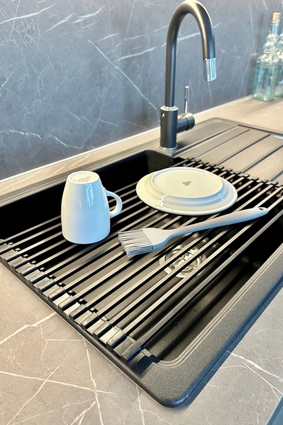 Lavabo Üstü Katlanabilen Bulaşıklık Paslanmaz Aluminyum - Siyah