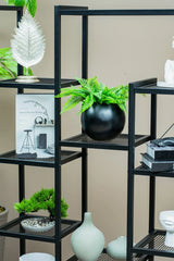 Çok Amaçlı Kademeli Metal Raf, 12 Gözlü Kitaplık ve Saksı Standı, Siyah Organizer Ünite