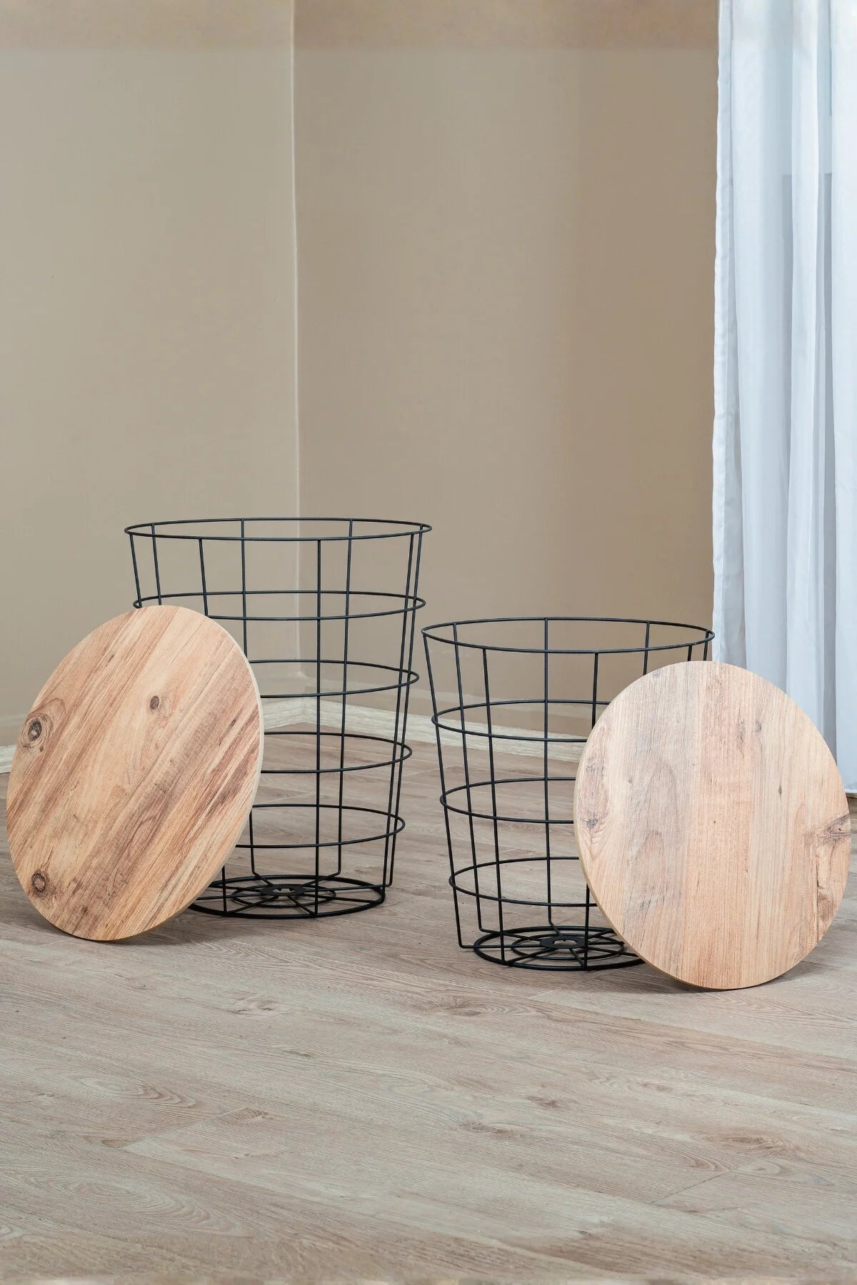 2'li Kedi Yuvalı Sepet Sehpa Takımı, Minderli Metal Orta Sehpa, Ahşap Tablalı Kedi Yatağı