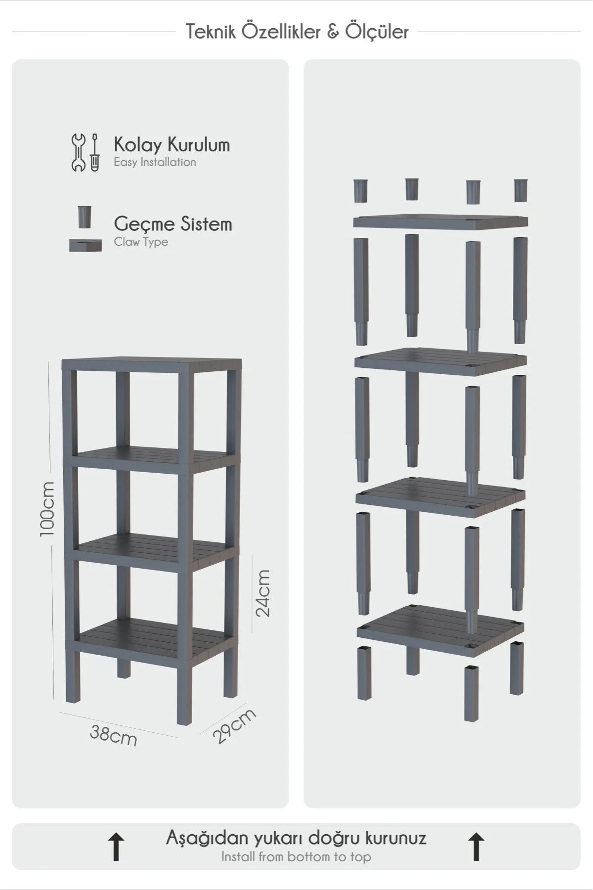 Çok Amaçlı 4 Katlı Antrasit Raf, Banyo Rafı, Mutfak Rafı, Saksılık