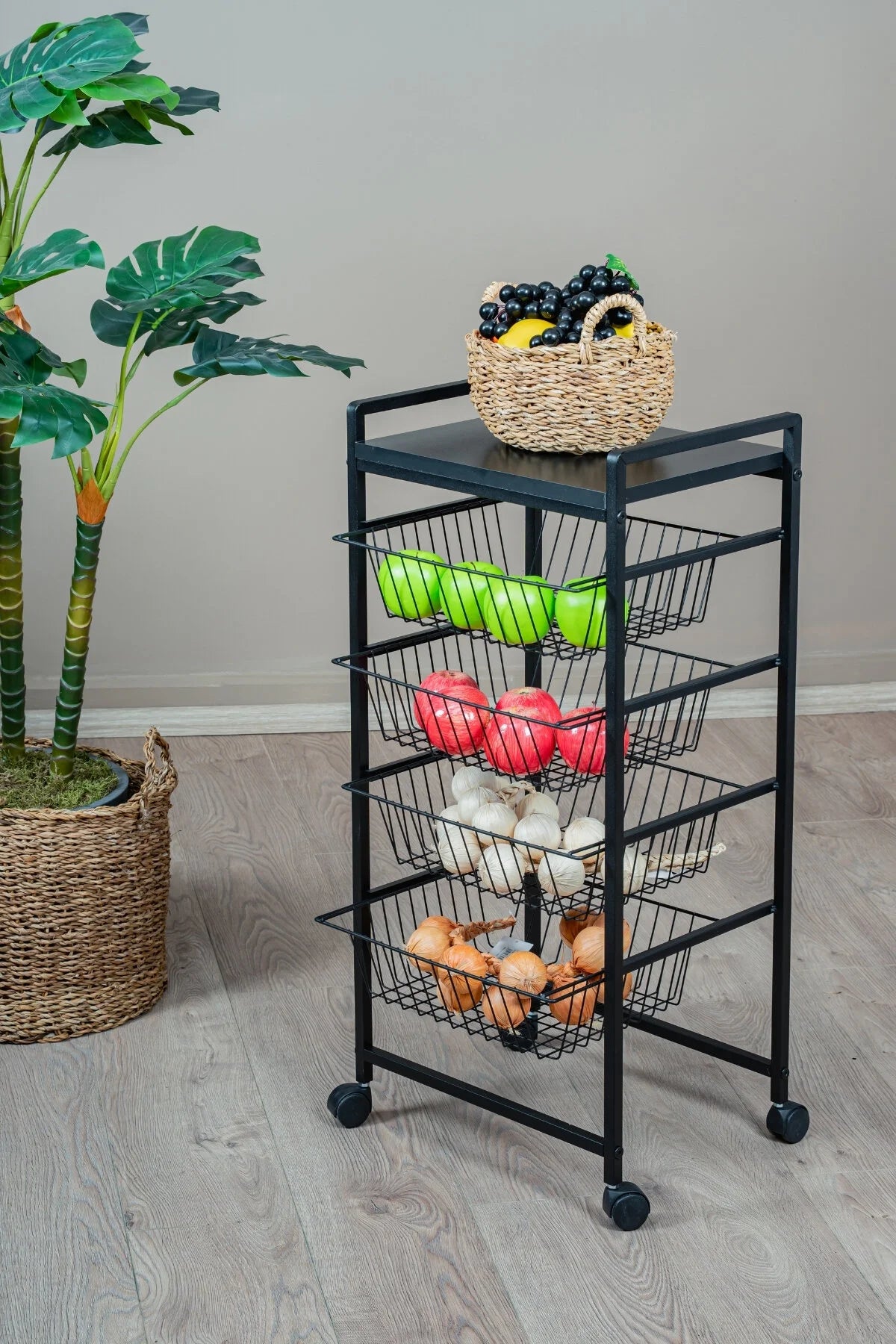 Metal Gövdeli 4 Sepetli Tekerlekli Mutfak Rafı, Patates Soğan Sebzeliği, Siyah Organizer Stand