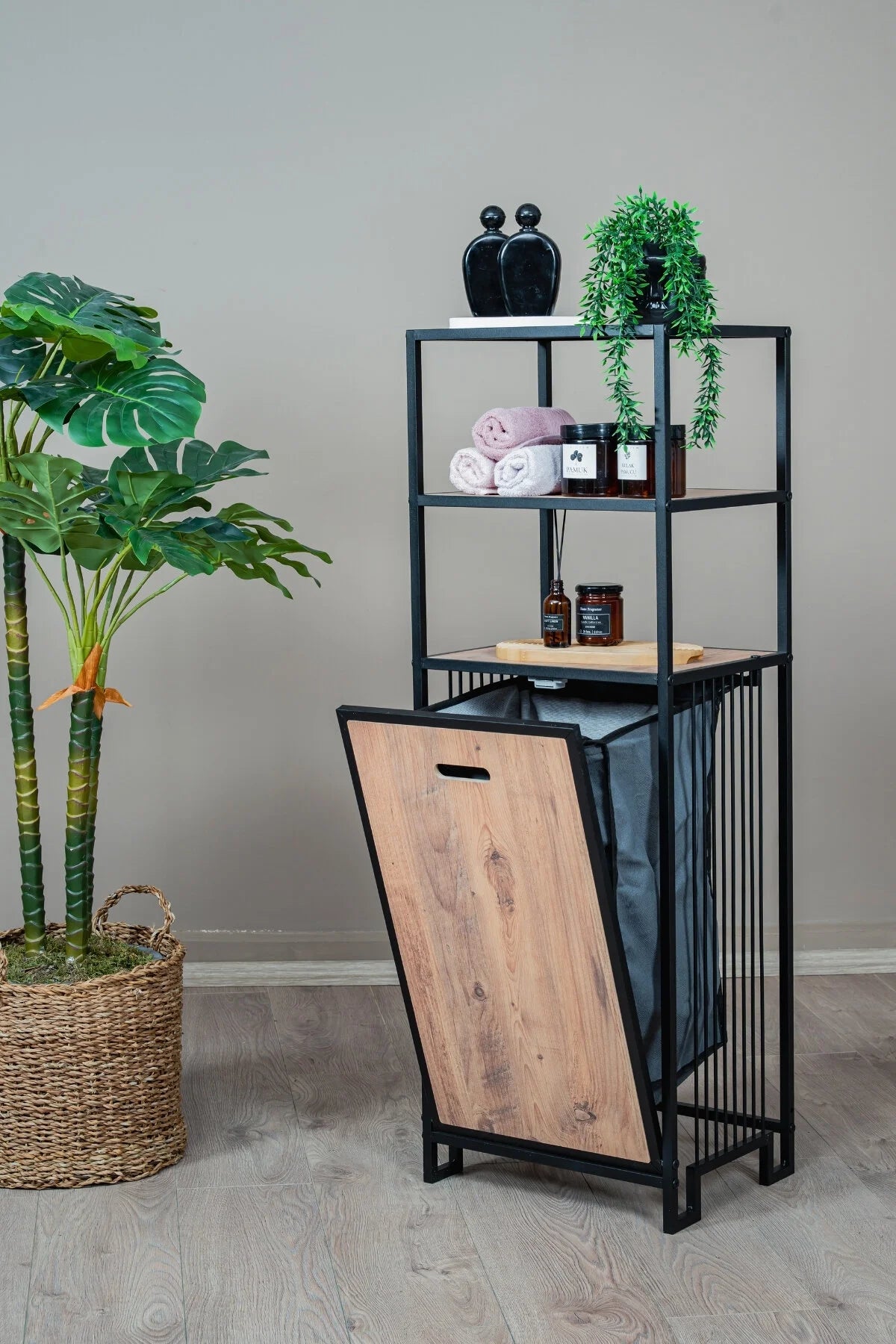 Kirli Sepetli Banyo Dolabı 3 Raflı Metal Düzenleyici Modern Çamaşır Sepetli Organizer Raf