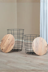 Dekoratif Metal Tel Sepet Zigon Sehpa Takımı, 2'li İskandinav Tarzı Ahşap Kapaklı Orta Sehpa