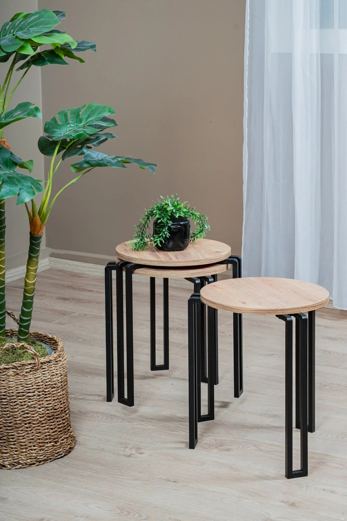 3'lü Zigon Sehpa Takımı, Modern Metal Ayaklı Yuvarlak Yan Sehpa, Ahşap Tablalı Orta Sehpa