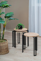 3'lü Zigon Sehpa Takımı, Modern Metal Ayaklı Yuvarlak Yan Sehpa, Ahşap Tablalı Orta Sehpa