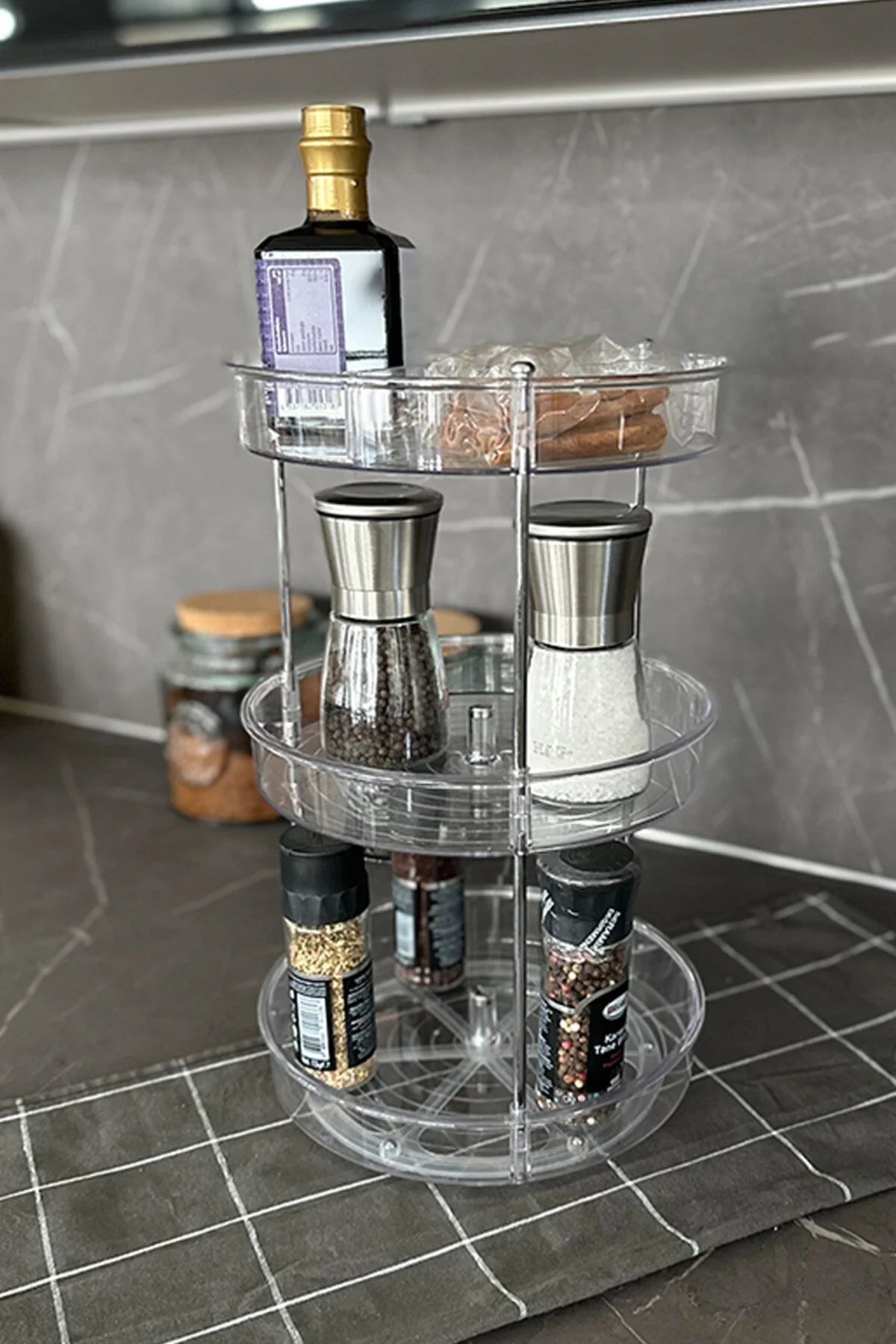 Elpida Üç Katlı Döner Raf Banyo Mutfak Makyaj Düzenleyici - Şeffaf