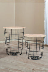 2'li Kedi Yuvalı Sepet Sehpa Takımı, Minderli Metal Orta Sehpa, Ahşap Tablalı Kedi Yatağı