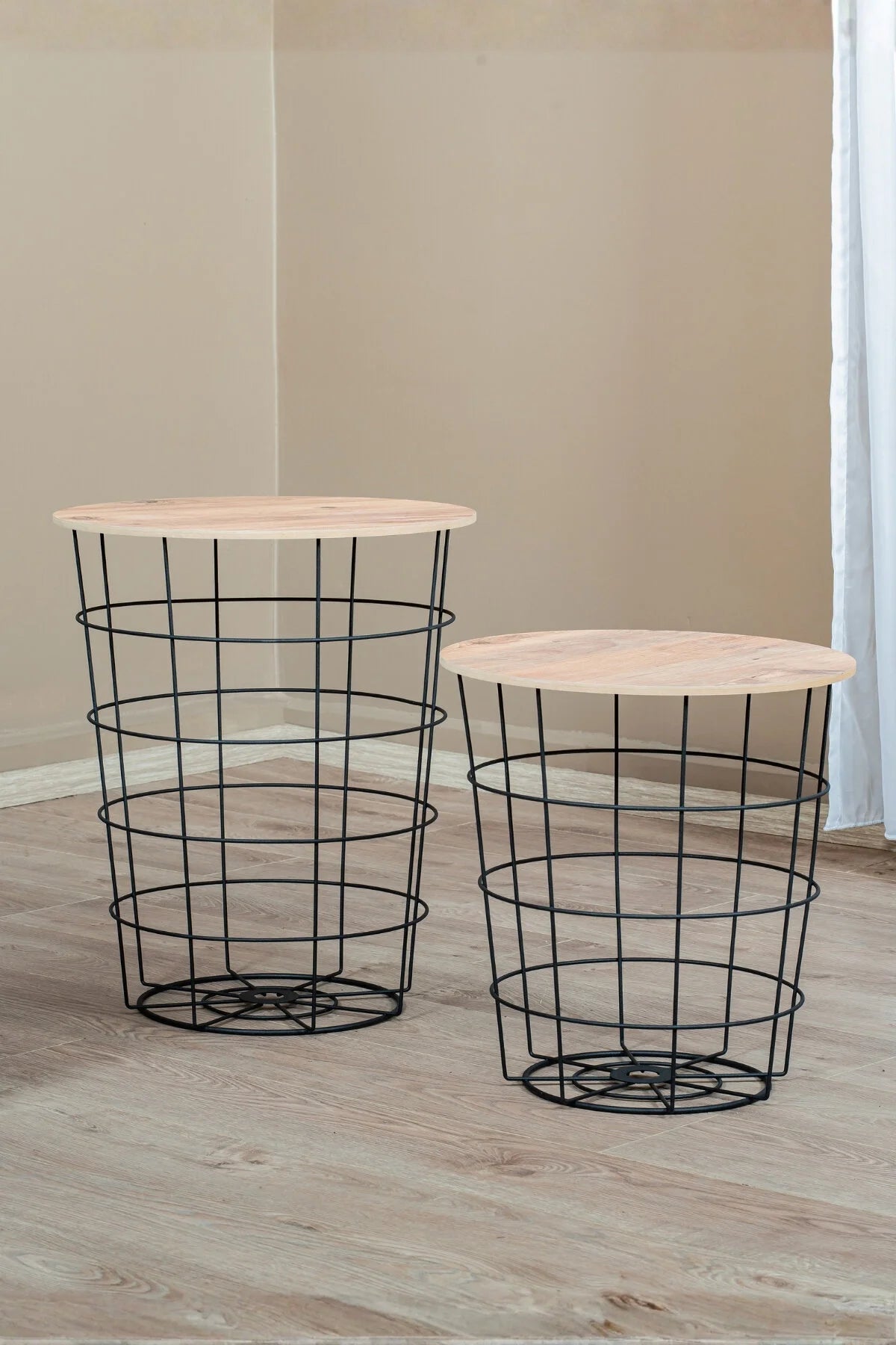 Dekoratif Metal Tel Sepet Zigon Sehpa Takımı, 2'li İskandinav Tarzı Ahşap Kapaklı Orta Sehpa