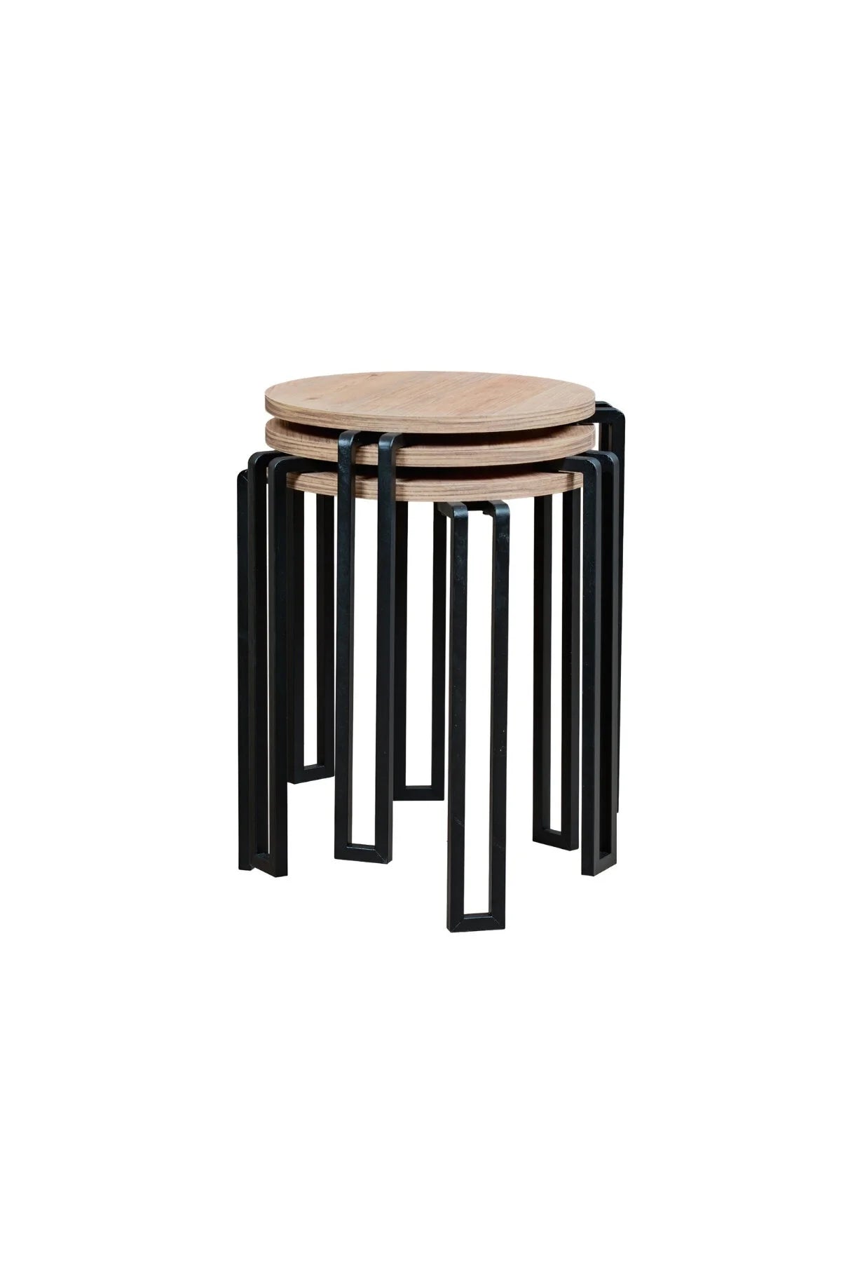 3'lü Zigon Sehpa Takımı, Modern Metal Ayaklı Yuvarlak Yan Sehpa, Ahşap Tablalı Orta Sehpa