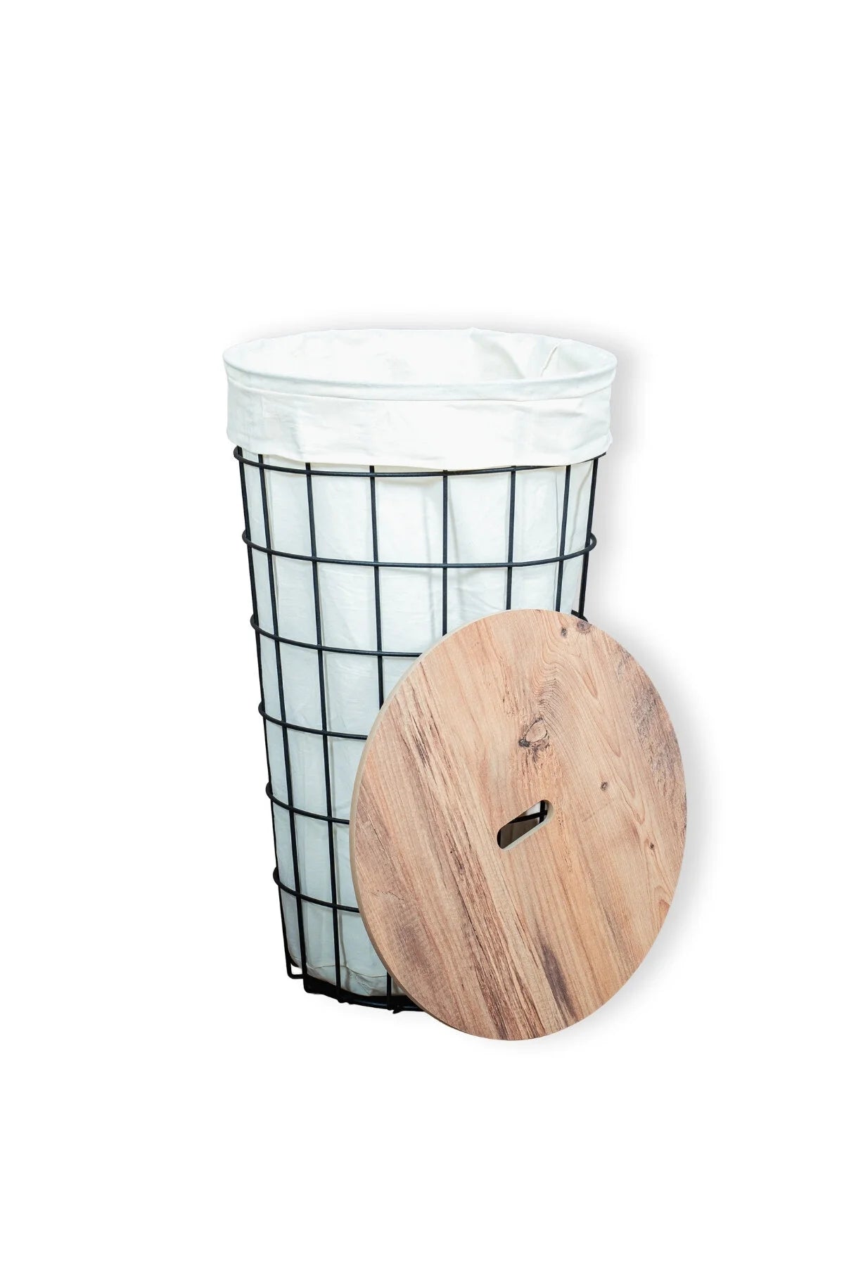 Dekoratif Yuvarlak Çamaşır Sepeti Metal Gövdeli Bez Torbalı Kirli Sepeti