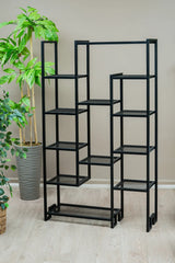 Çok Amaçlı Kademeli Metal Raf, 12 Gözlü Kitaplık ve Saksı Standı, Siyah Organizer Ünite
