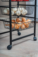 Metal Gövdeli 4 Sepetli Tekerlekli Mutfak Rafı, Patates Soğan Sebzeliği, Siyah Organizer Stand