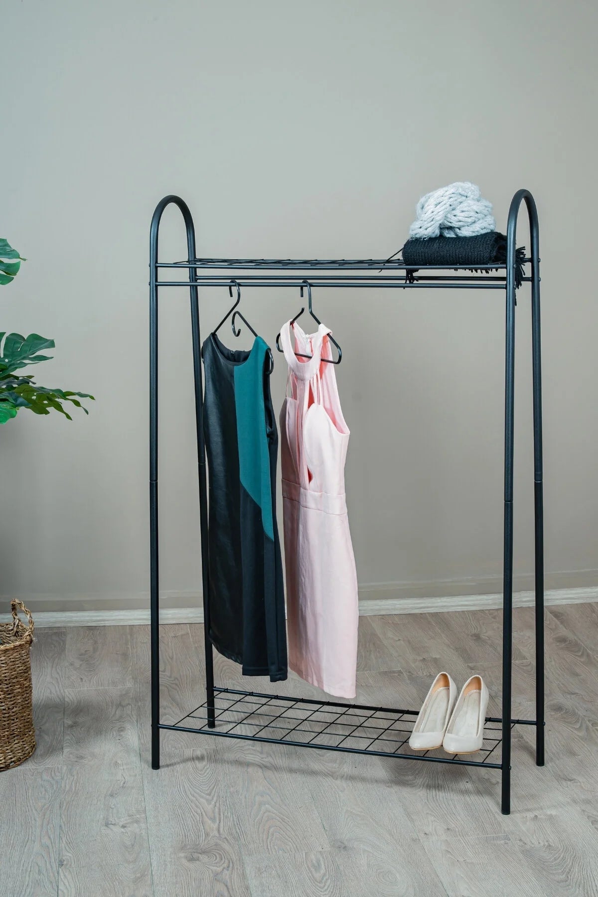 Metal Elbise Askılığı, Çift Raflı Ayakkabılıklı Modern Ayaklı Askılık, Yatak Odası Antre Portmanto