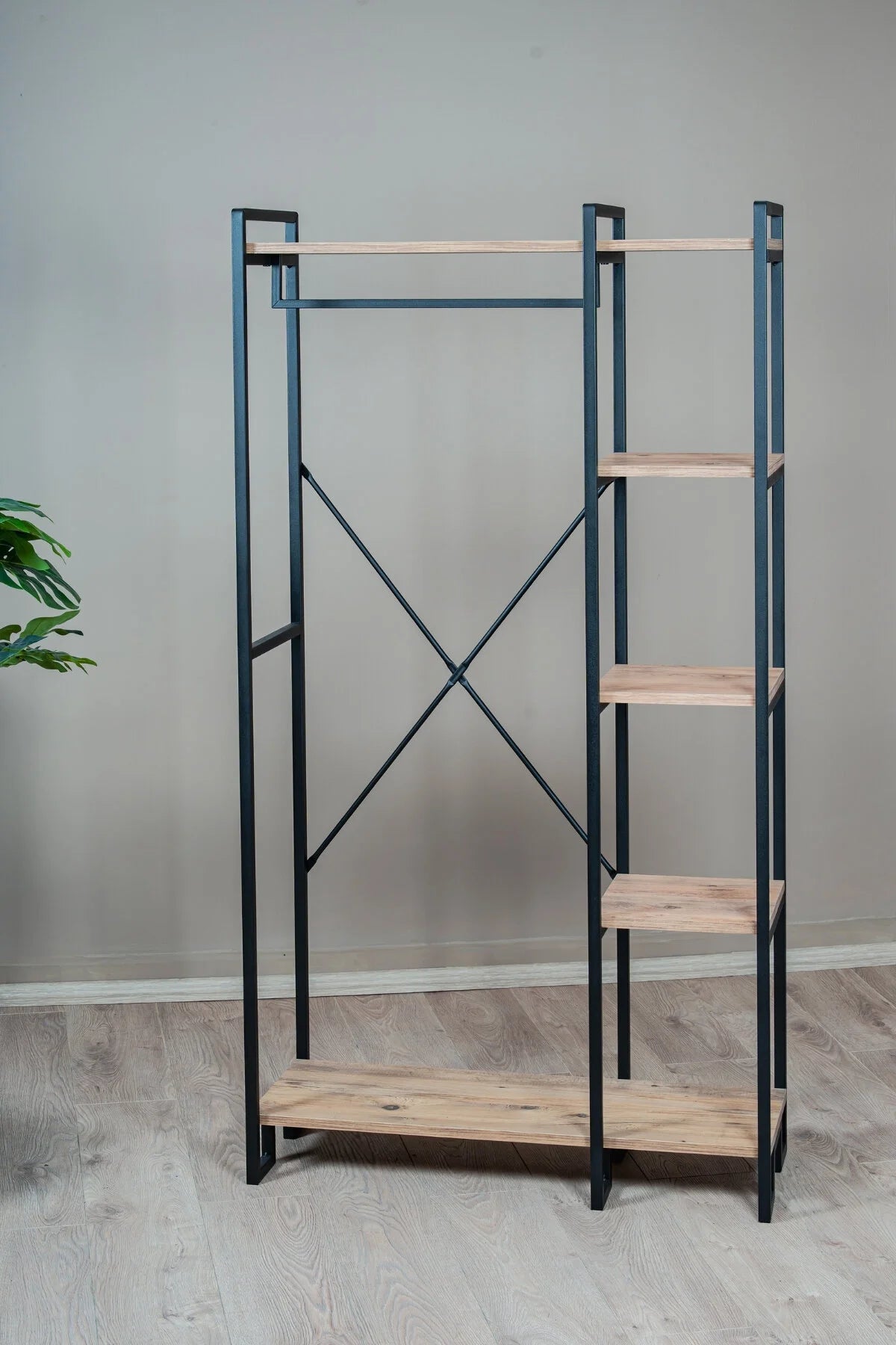 Çok Amaçlı Ayaklı Askılık, 5 Raflı Geniş Kapasiteli Elbise Dolabı, Modern Portmanto ve Kitaplık