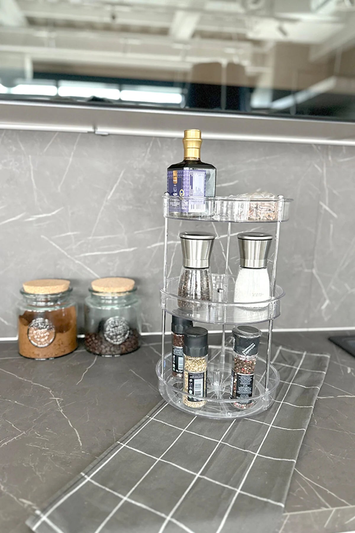 Elpida Üç Katlı Döner Raf Banyo Mutfak Makyaj Düzenleyici - Şeffaf