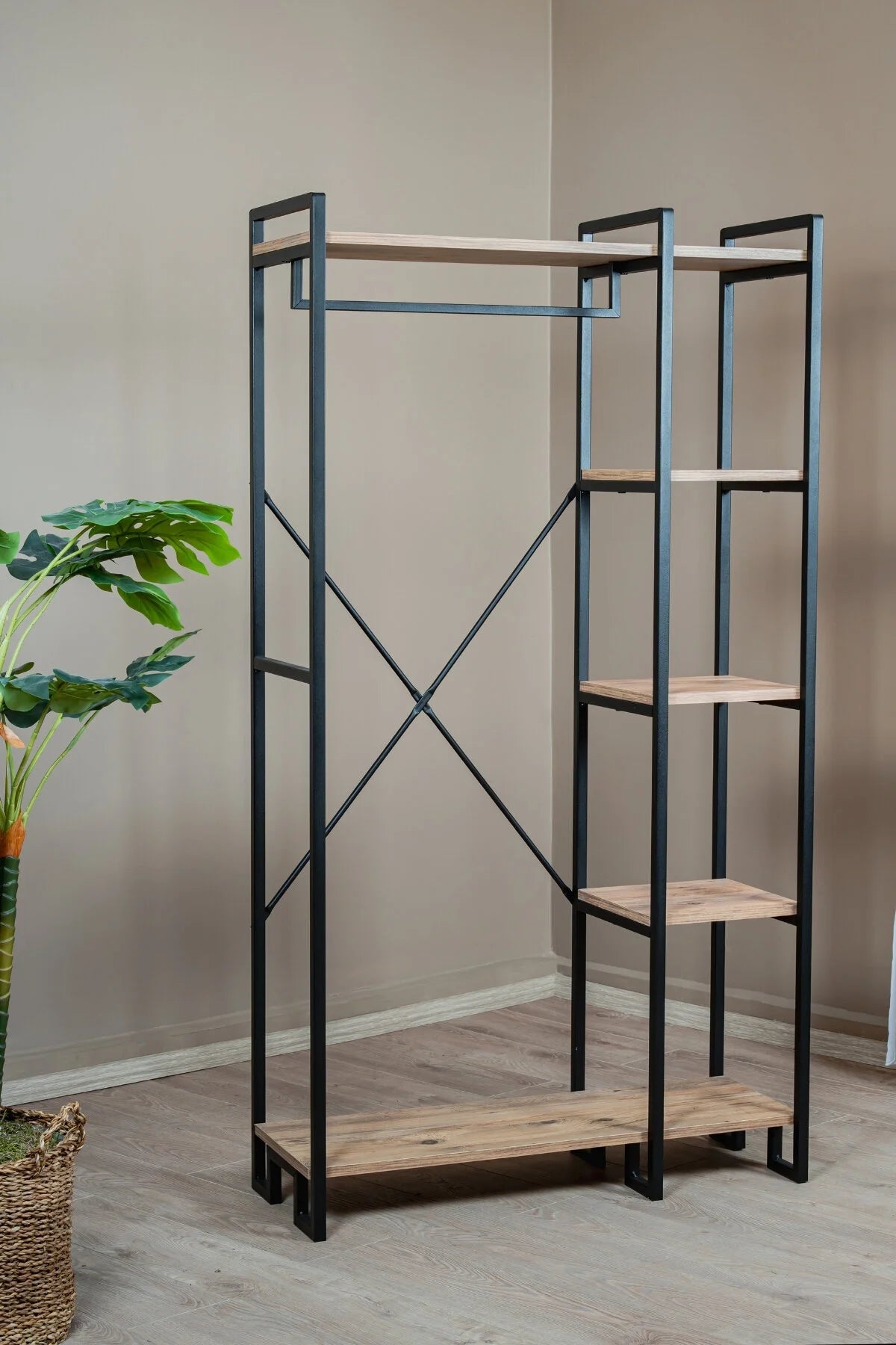 Çok Amaçlı Ayaklı Askılık, 5 Raflı Geniş Kapasiteli Elbise Dolabı, Modern Portmanto ve Kitaplık