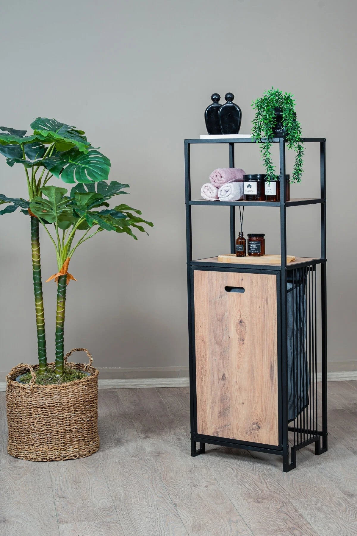 Kirli Sepetli Banyo Dolabı 3 Raflı Metal Düzenleyici Modern Çamaşır Sepetli Organizer Raf