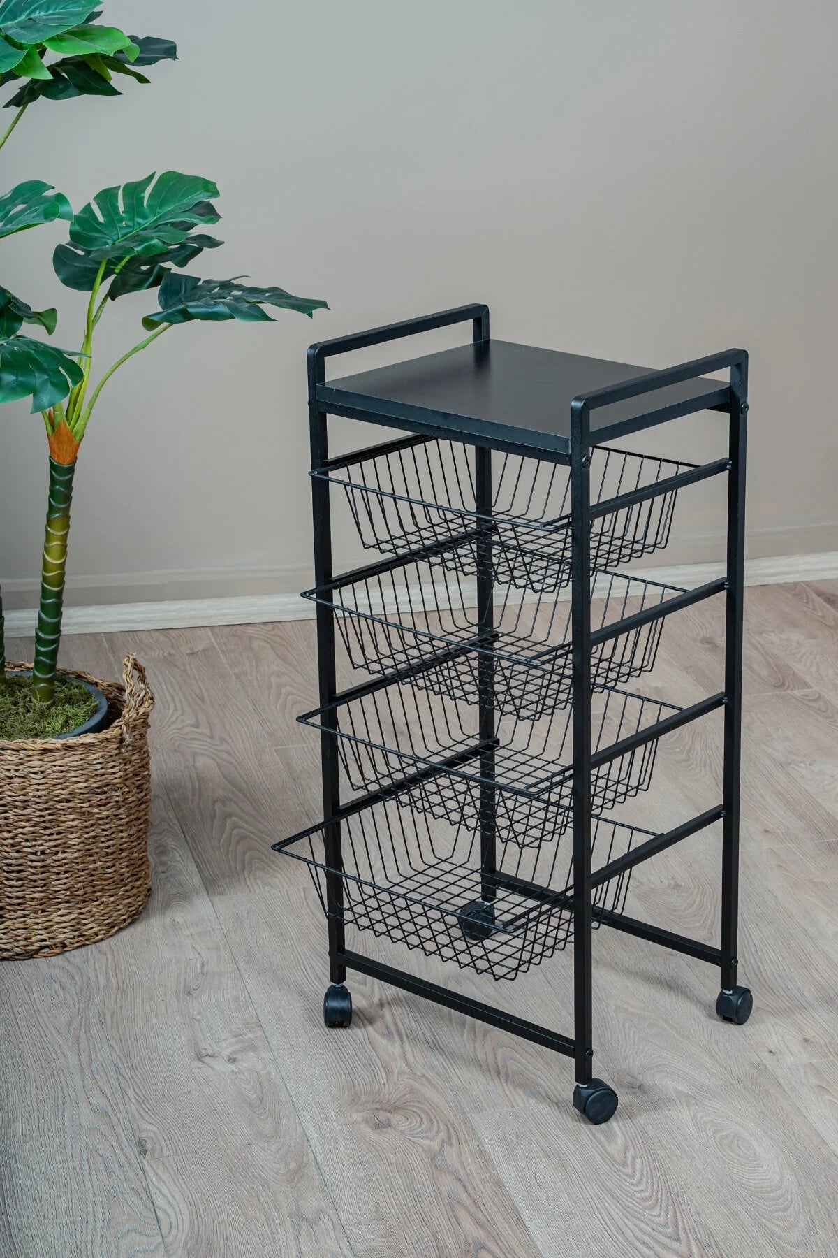 Metal Gövdeli 4 Sepetli Tekerlekli Mutfak Rafı, Patates Soğan Sebzeliği, Siyah Organizer Stand