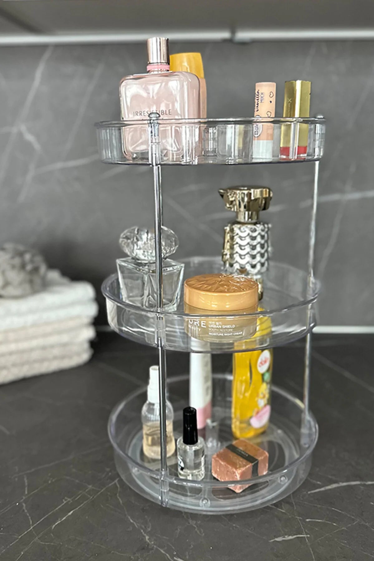 Elpida Üç Katlı Döner Raf Banyo Mutfak Makyaj Düzenleyici - Şeffaf