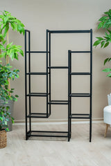 Çok Amaçlı Kademeli Metal Raf, 12 Gözlü Kitaplık ve Saksı Standı, Siyah Organizer Ünite