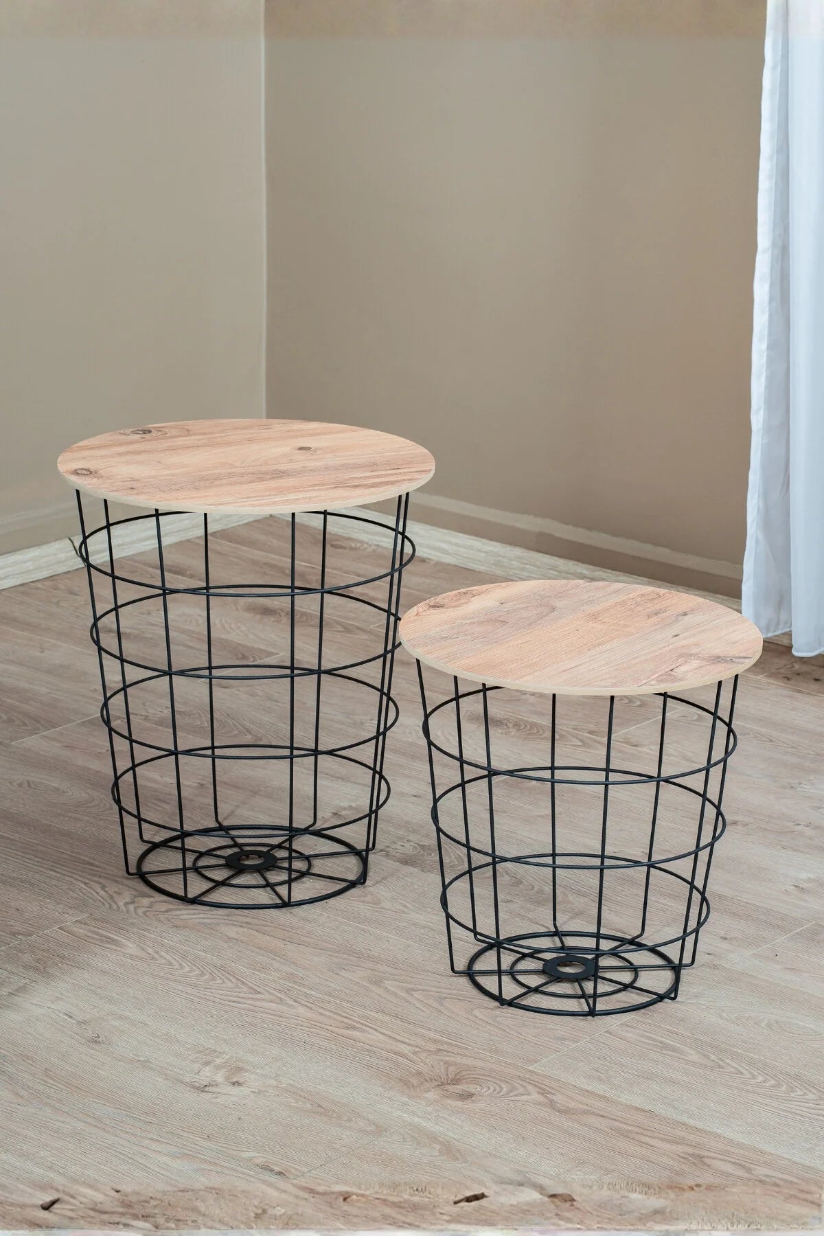 Dekoratif Metal Tel Sepet Zigon Sehpa Takımı, 2'li İskandinav Tarzı Ahşap Kapaklı Orta Sehpa