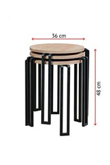 3'lü Zigon Sehpa Takımı, Modern Metal Ayaklı Yuvarlak Yan Sehpa, Ahşap Tablalı Orta Sehpa