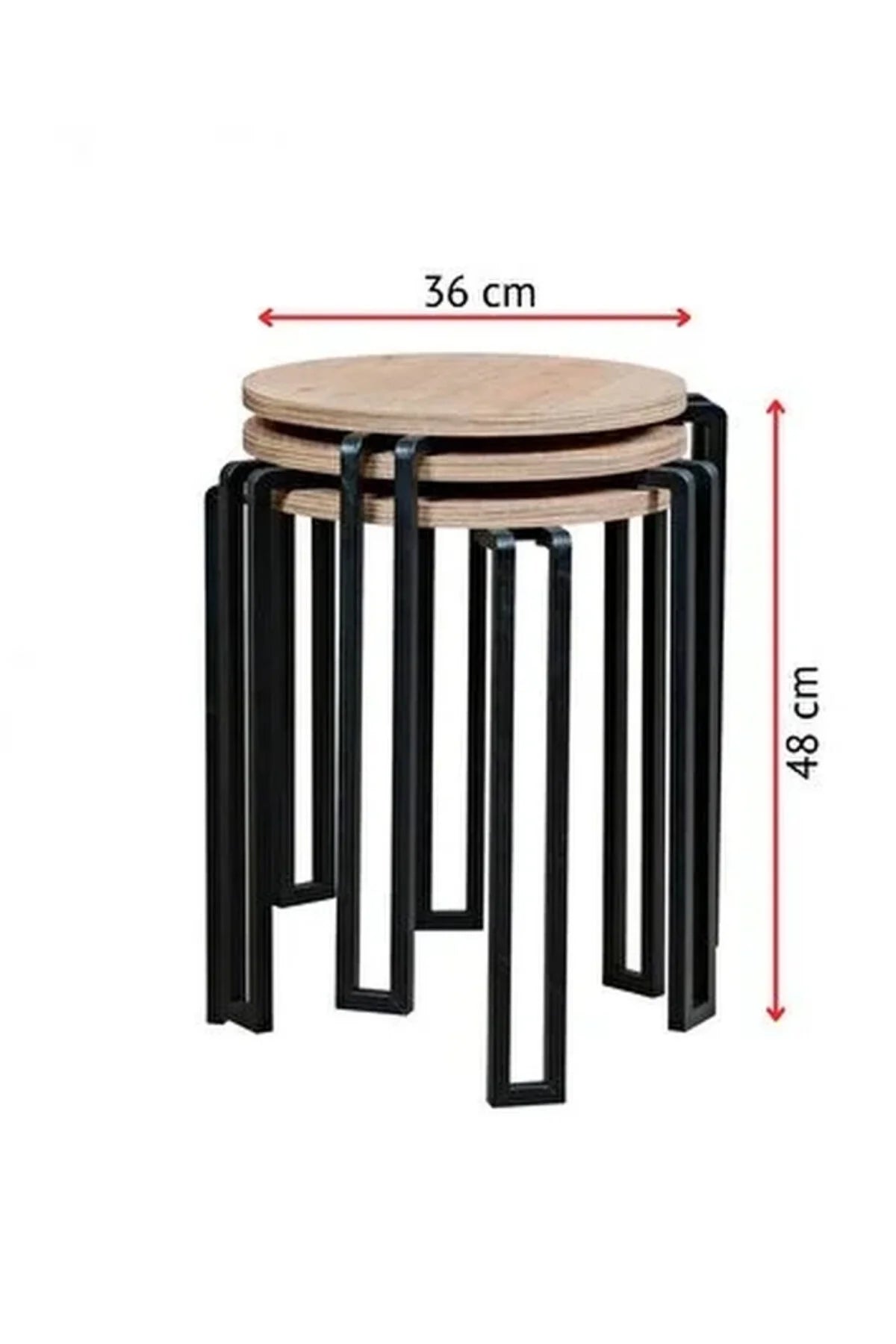 3'lü Zigon Sehpa Takımı, Modern Metal Ayaklı Yuvarlak Yan Sehpa, Ahşap Tablalı Orta Sehpa