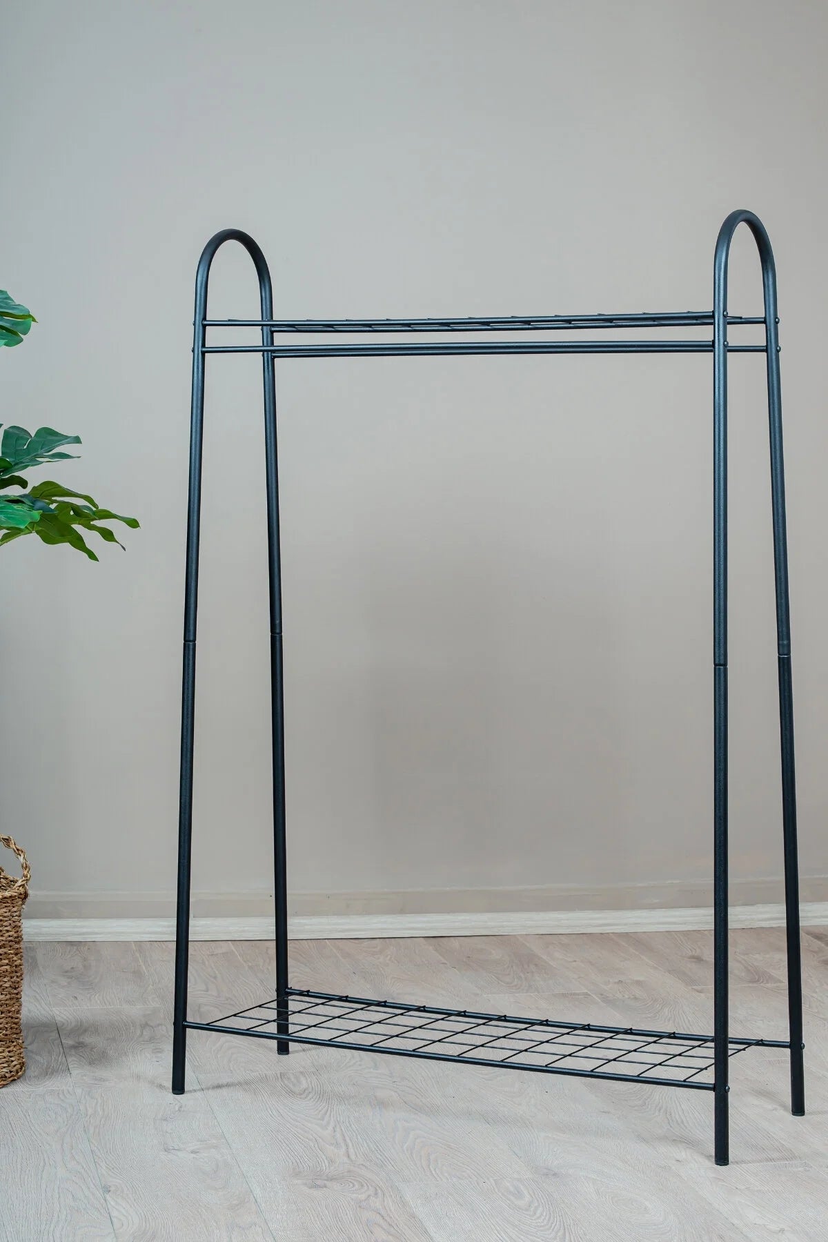 Metal Elbise Askılığı, Çift Raflı Ayakkabılıklı Modern Ayaklı Askılık, Yatak Odası Antre Portmanto