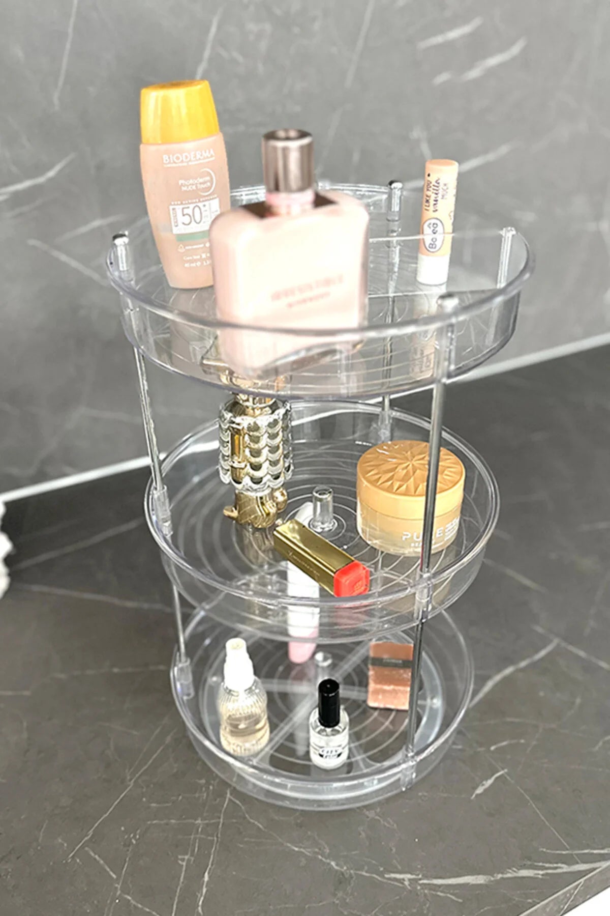 Elpida Üç Katlı Döner Raf Banyo Mutfak Makyaj Düzenleyici - Şeffaf