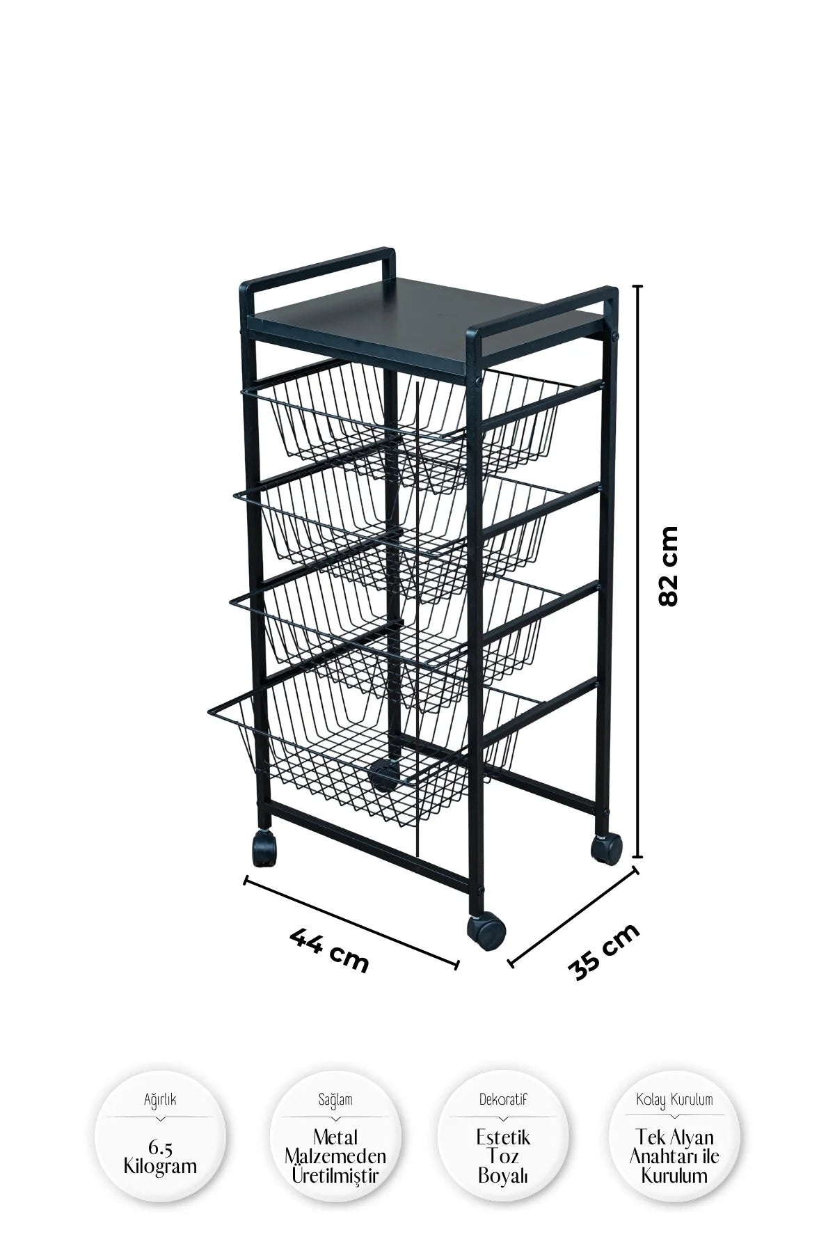 Metal Gövdeli 4 Sepetli Tekerlekli Mutfak Rafı, Patates Soğan Sebzeliği, Siyah Organizer Stand