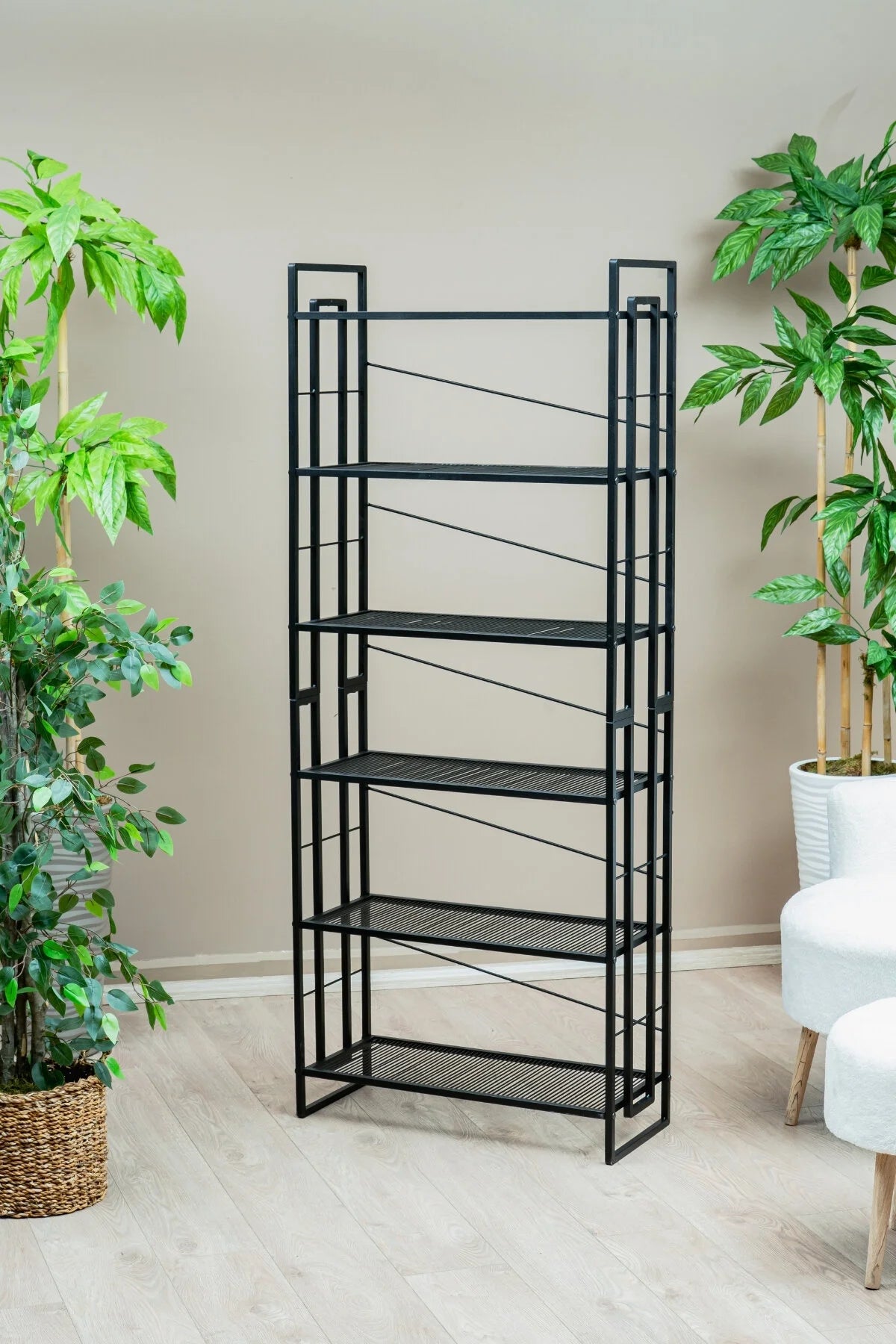 6 Raflı Metal Kitaplık, Modern Dekoratif Raf Ünitesi, Salon ve Ofis için Dosya Dolabı Standı