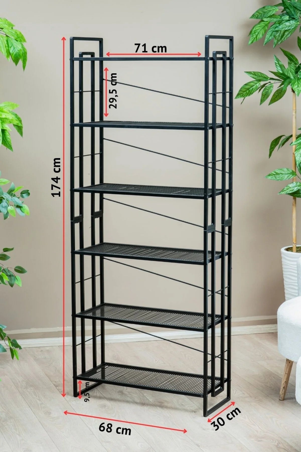 6 Raflı Metal Kitaplık, Modern Dekoratif Raf Ünitesi, Salon ve Ofis için Dosya Dolabı Standı