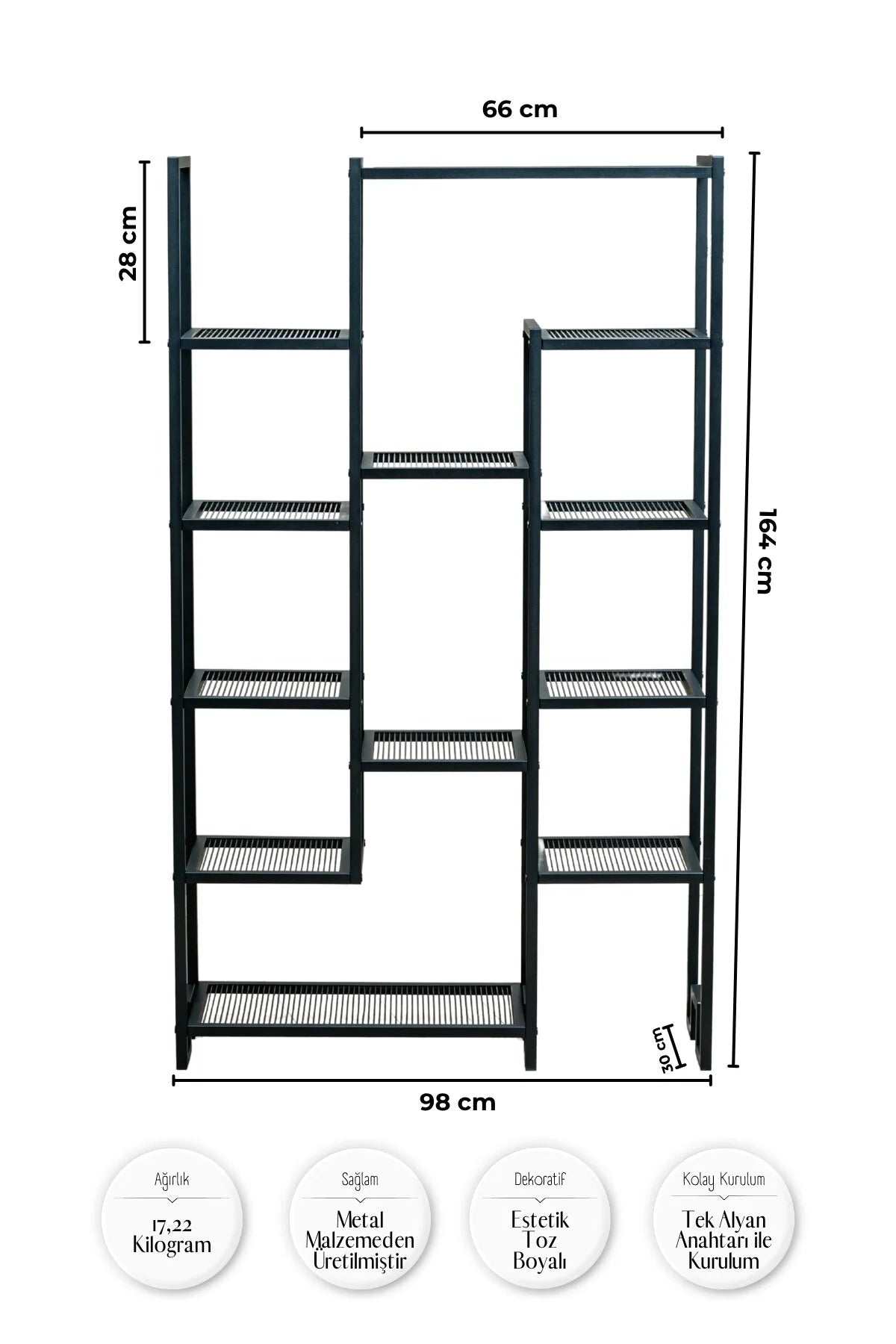 Çok Amaçlı Kademeli Metal Raf, 12 Gözlü Kitaplık ve Saksı Standı, Siyah Organizer Ünite