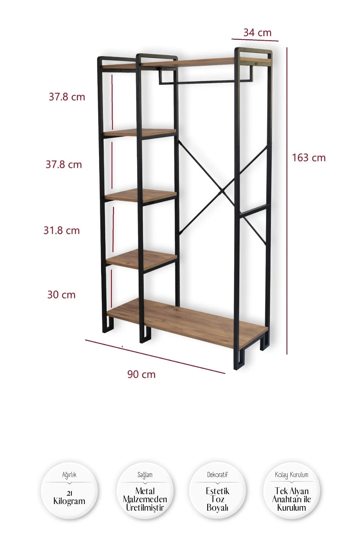 Çok Amaçlı Ayaklı Askılık, 5 Raflı Geniş Kapasiteli Elbise Dolabı, Modern Portmanto ve Kitaplık