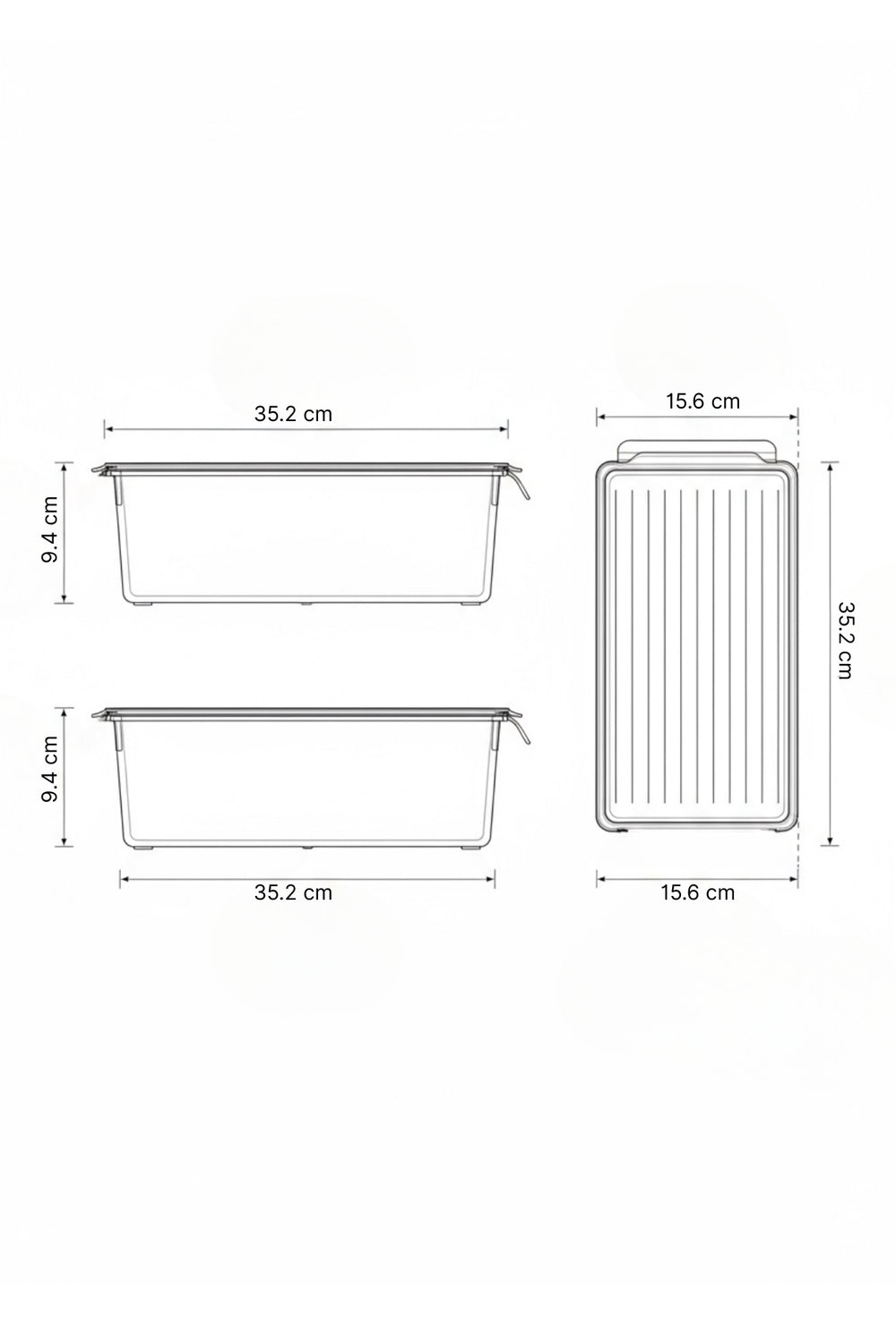 Kırılmaz, çizilmez kapaklı buzdolabı düzenleyici, M boy, şeffaf PET malzeme, ölçüleri 35.2x15.6x9.4 cm
